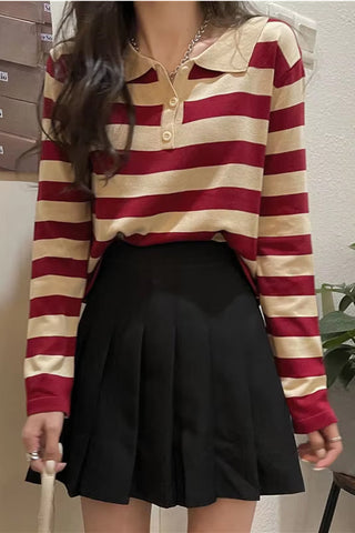 Long Sleeve Turn Down Collar Striped Slim Sweater