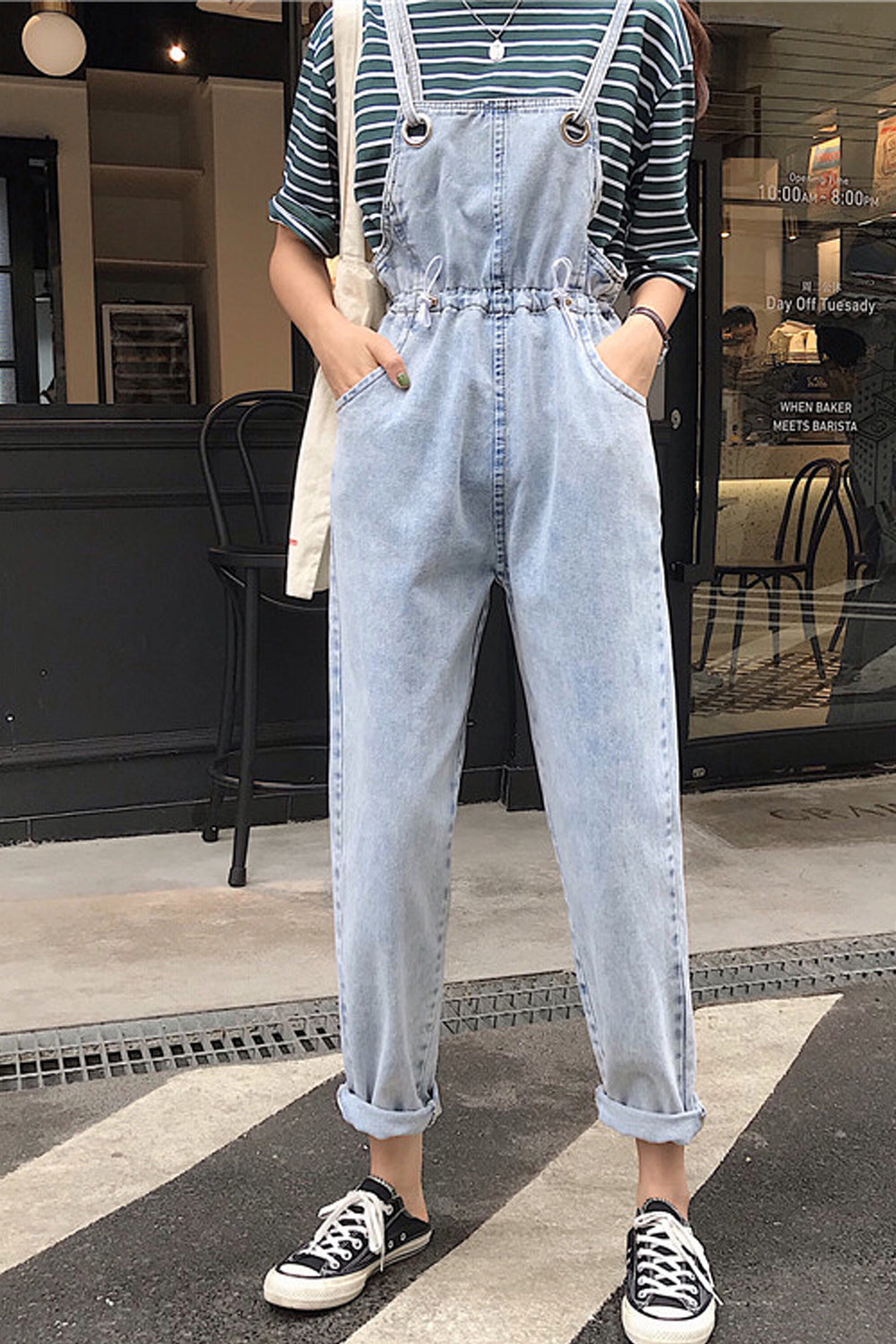 Knöchellanger, lässiger Jeans-Jumpsuit mit Taschen