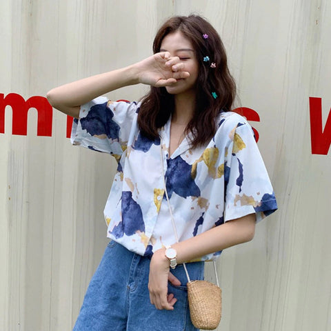 Art Paint Printed Short Sleeve Blouse Shirt