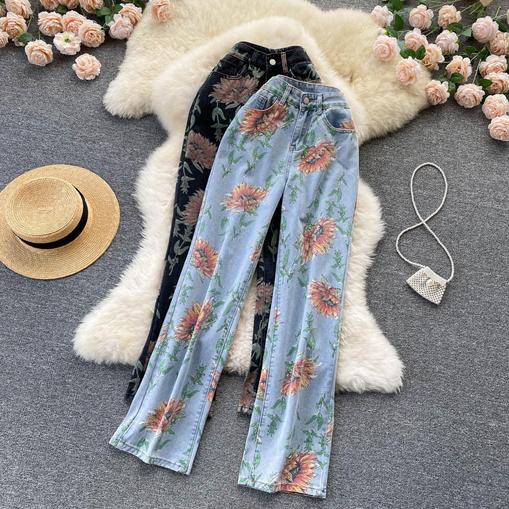 Sun Flower Pattern Long Jeans Pants