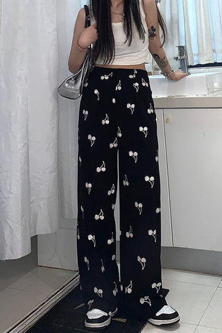 High Waist Cherry Pattern Long Black Pants