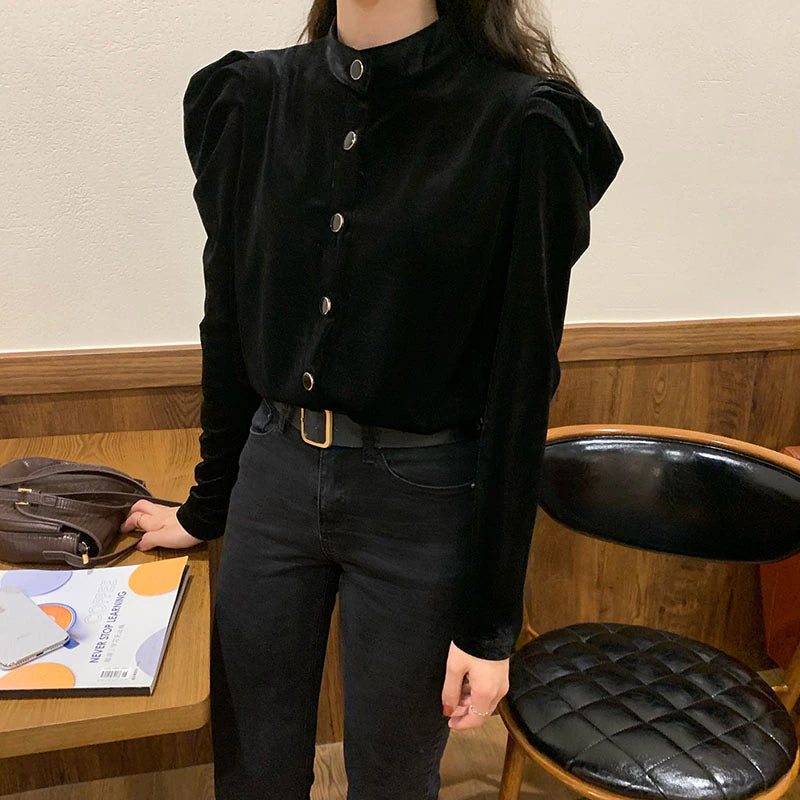 Vintage Button Solid Black Velvet Shirt