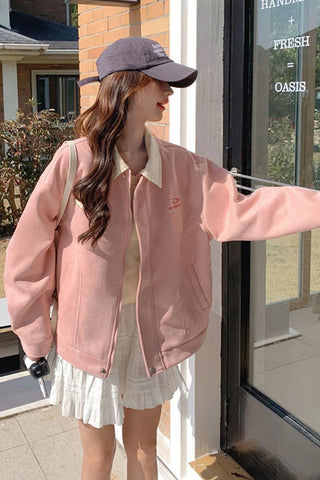 Long Sleeve Faux Suede Pink Elegant Jacket