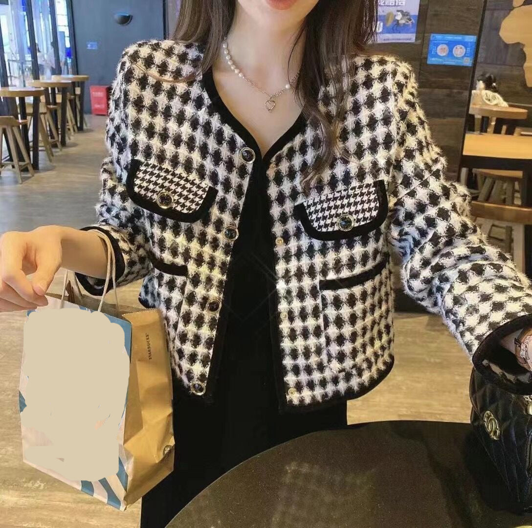 Classic Houndstooth Pattern Cropped Jacket