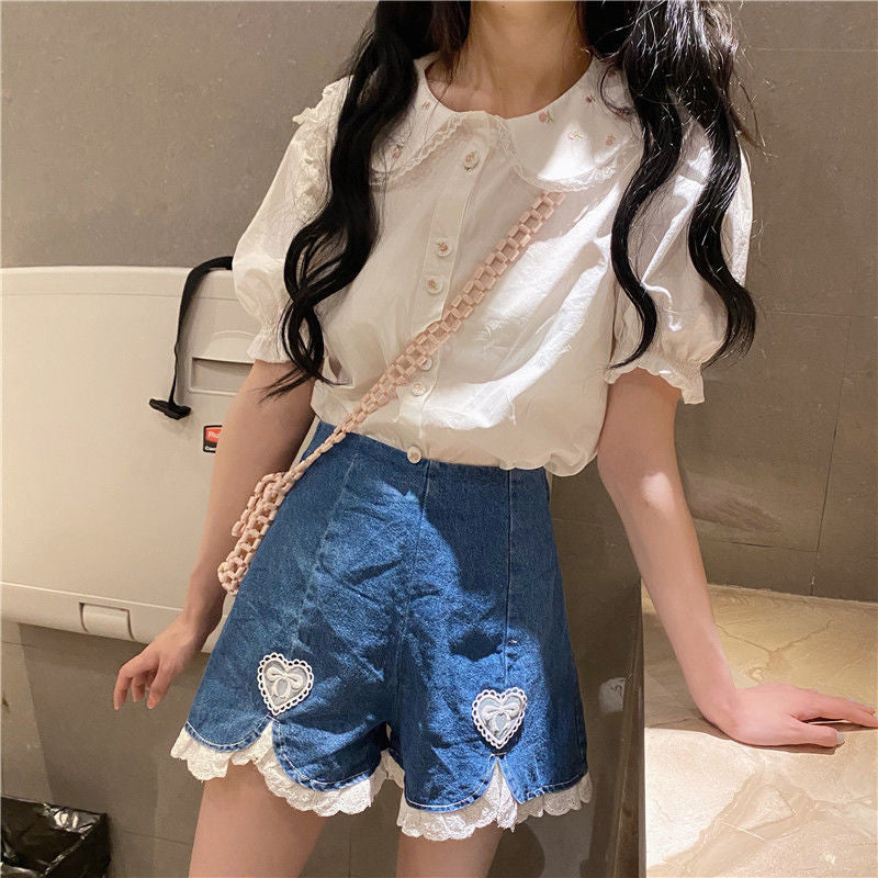 Floral Embroidered Peter Pan Collar Summer Shirt