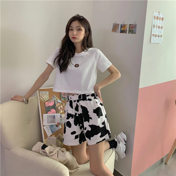 High Waist Cow Pattern Wide Leg Shorts Pants