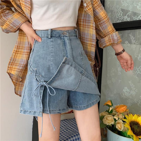 Side Tie Wide Leg Jeans Short Skirts