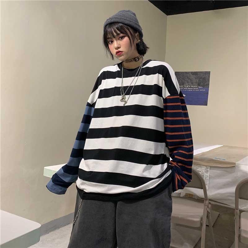 3 Colors Long Sleeve Oversized Striped Shirt