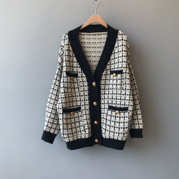 Knitted Plaid Cardigan Coat