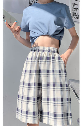 High Waist Casual Color Plaid Cotton Summer Shorts Pants