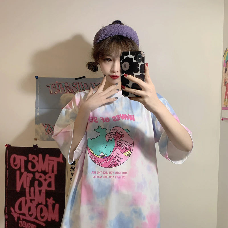Waves Of Sea Printed Tie Dye Loose Shirt