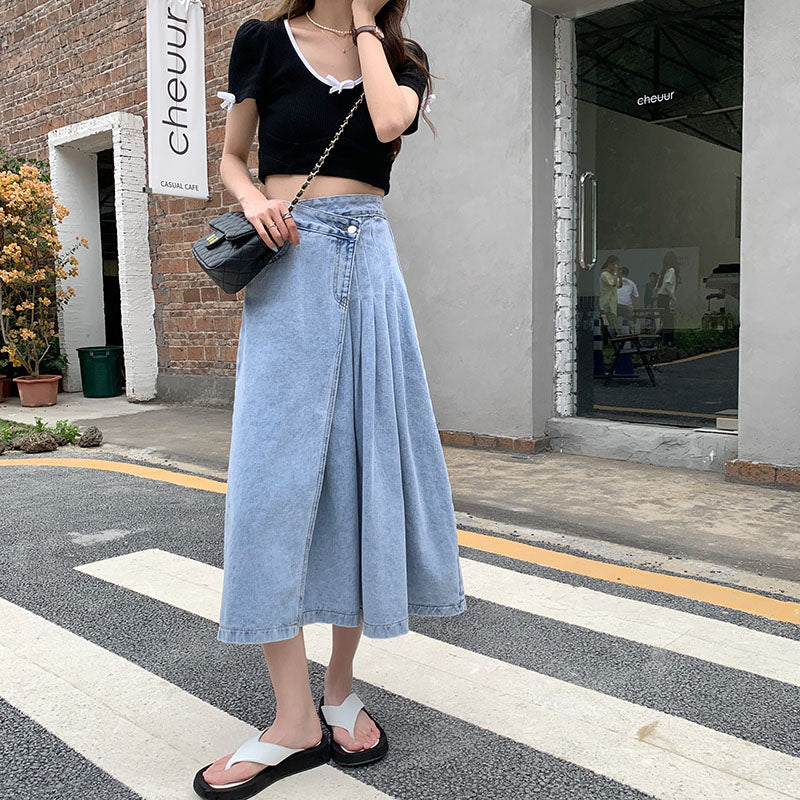 High Waist A-Line Irregular Long Pleated Jeans Skirt