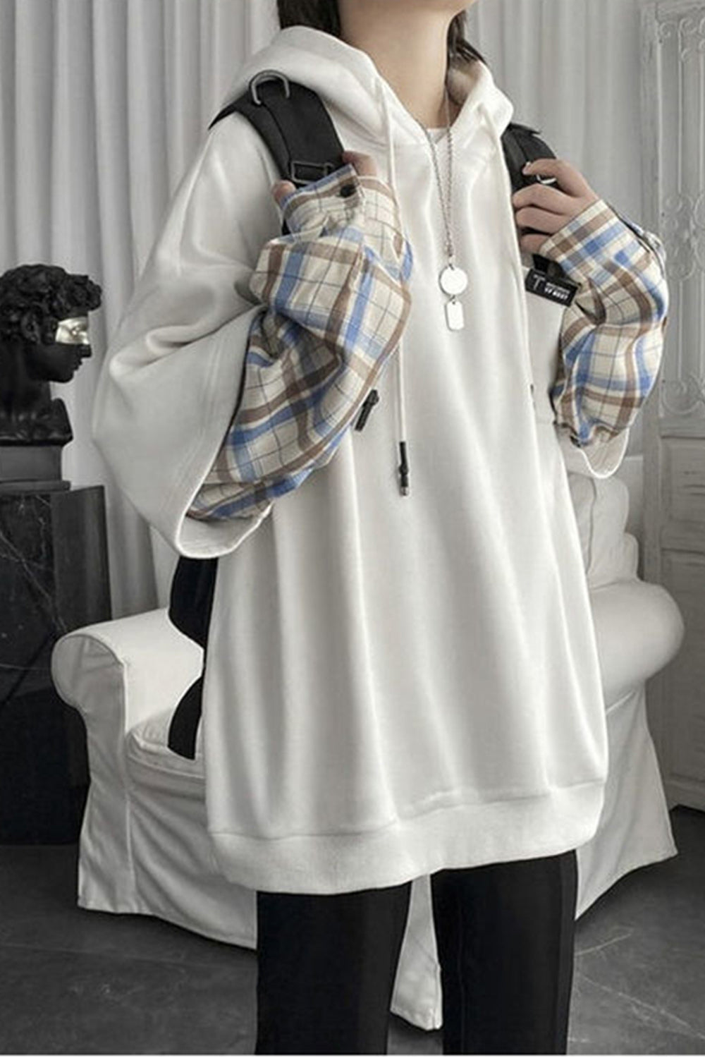 Loose Hip Hop Plaid Sleeve Hoodie