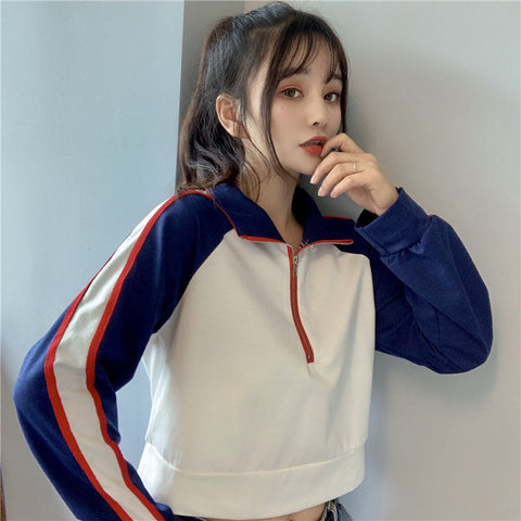 High Neck Zipper Collar Striped Cropped Sweatshirt