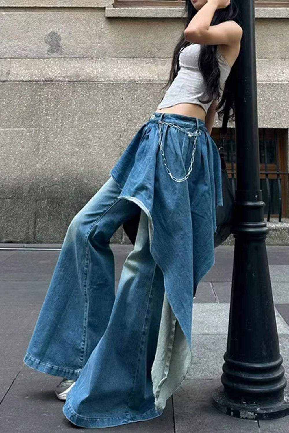 Fake Two Splicing Flare Jeans Pants