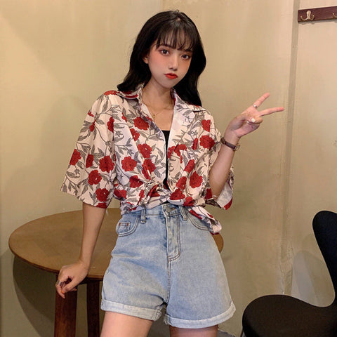 Red Florals Short Sleeve Blouse Shirts