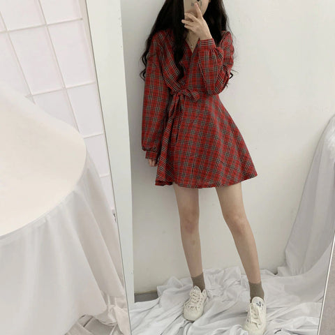 Long Sleeve Cute Bow Plaid Midi Elegant Dress