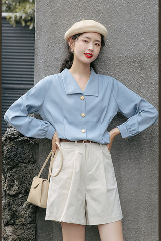 Big Collar Button Up Office Blue Blouse Shirt