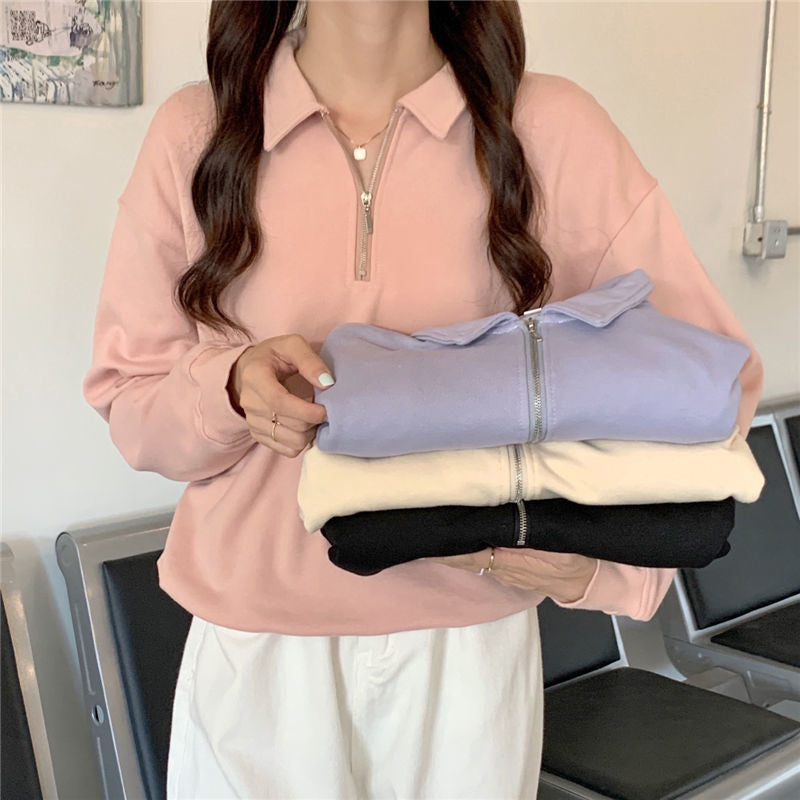 Long Sleeve Turn Down Collar Zipper Sweatshirt