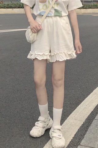 High Waist Elastic Ruffles Wide Leg Shorts