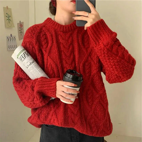 O-Ausschnitt Retro Strickpullover in Rot 