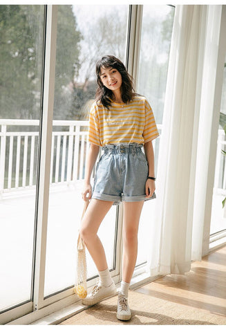 High Waist Elastic Waist Ruffles Denim Shorts