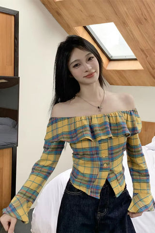 Long Sleeve Ruffles Off Shoulder Plaid Blouse Shirt