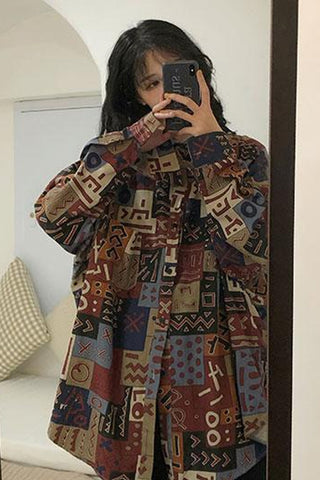 Long Sleeve Retro Art Pattern Blouse Shirt