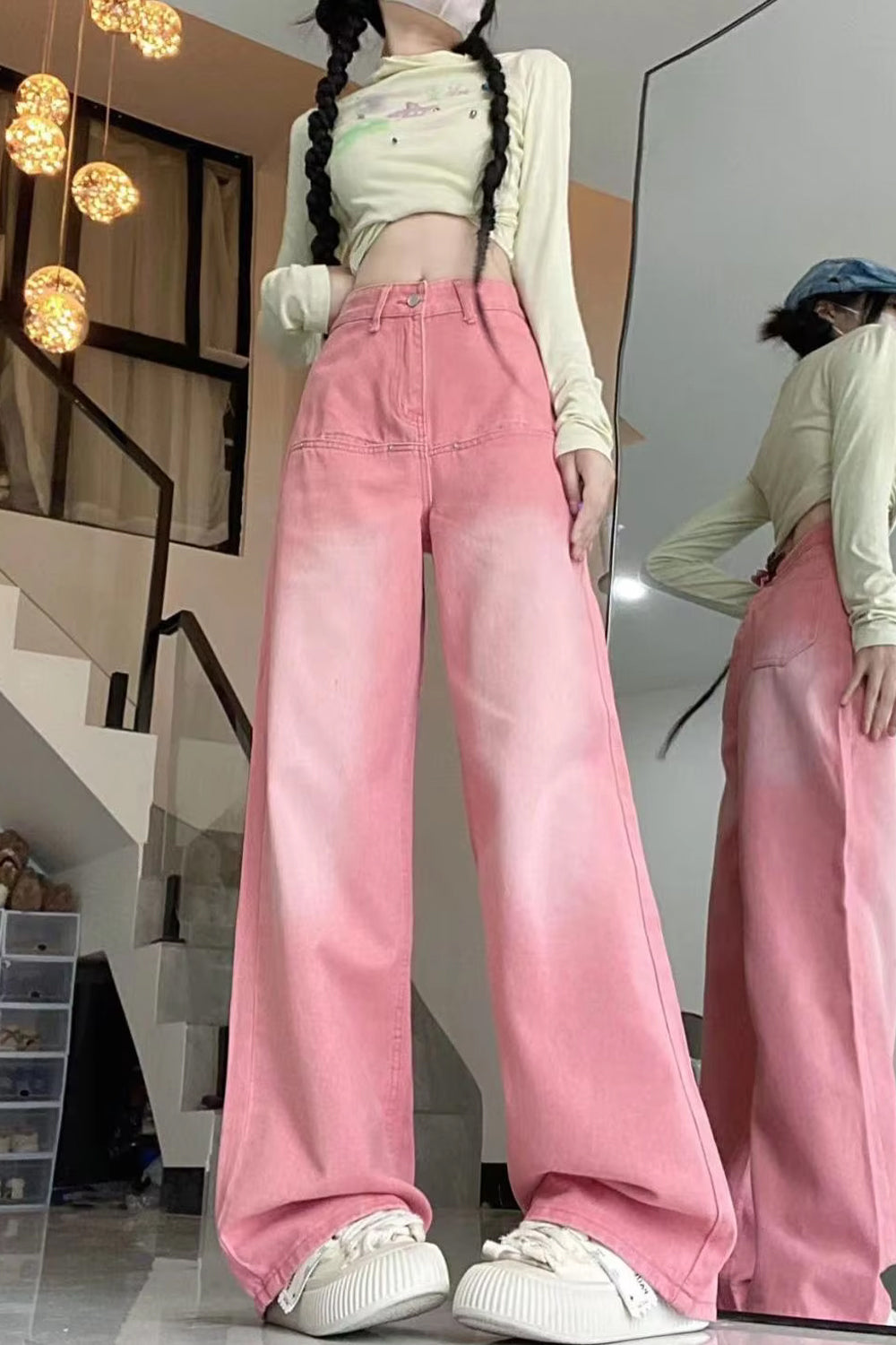 Hoch taillierte Vintage-Jeans in Pink 