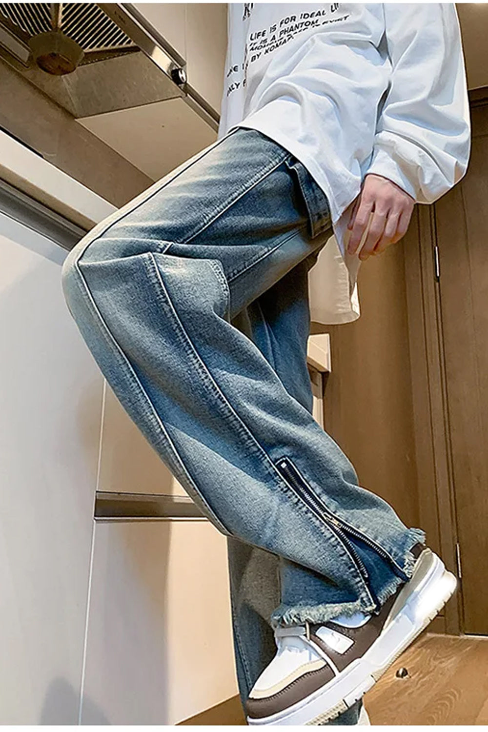 Loose Side Slit Zipper Men Jeans Pants