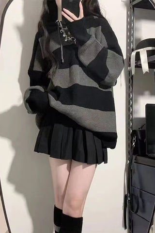 Loose Hooded Grey Striped Casual Sweater