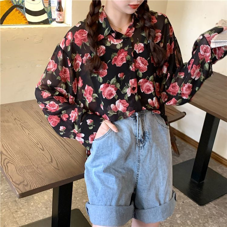Rose Floral Elegant Retro Loose Blouse Shirt