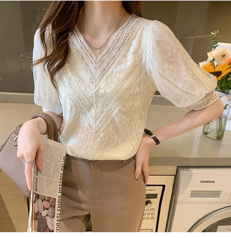Short Sleeve V-Neck Lace Blouse Shirt