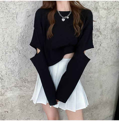 Long Hole Sleeve O-Neck Cropped Shirt