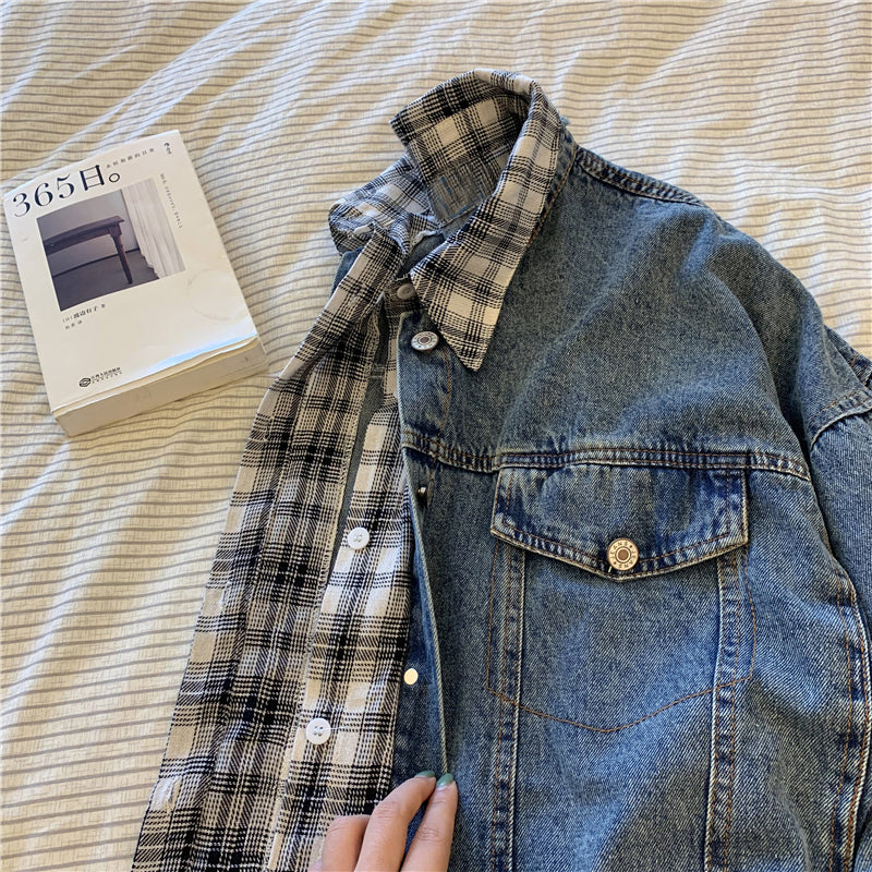 Plaid Spliced Loose Denim Jacket