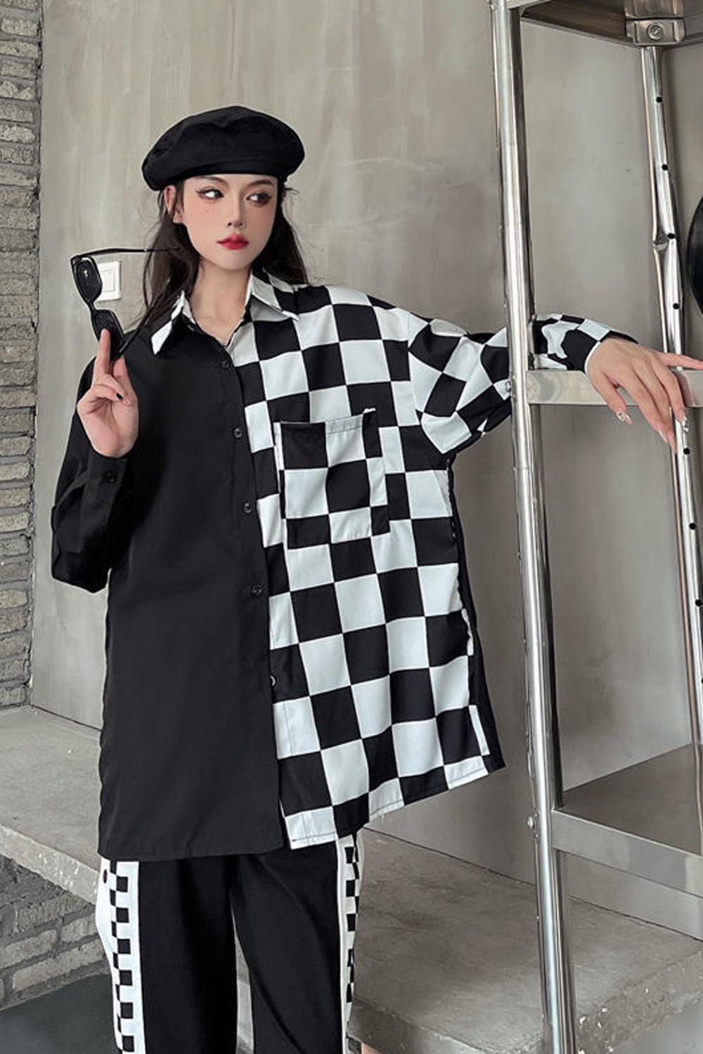 Long Sleeve Half Checkered Blouse Shirts