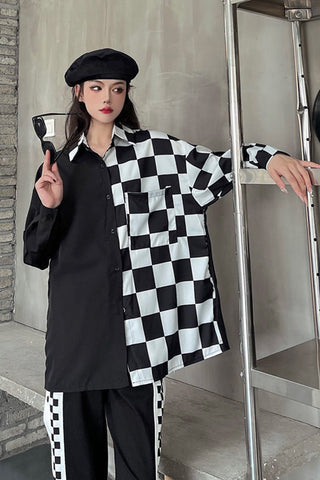 Long Sleeve Half Checkered Blouse Shirts