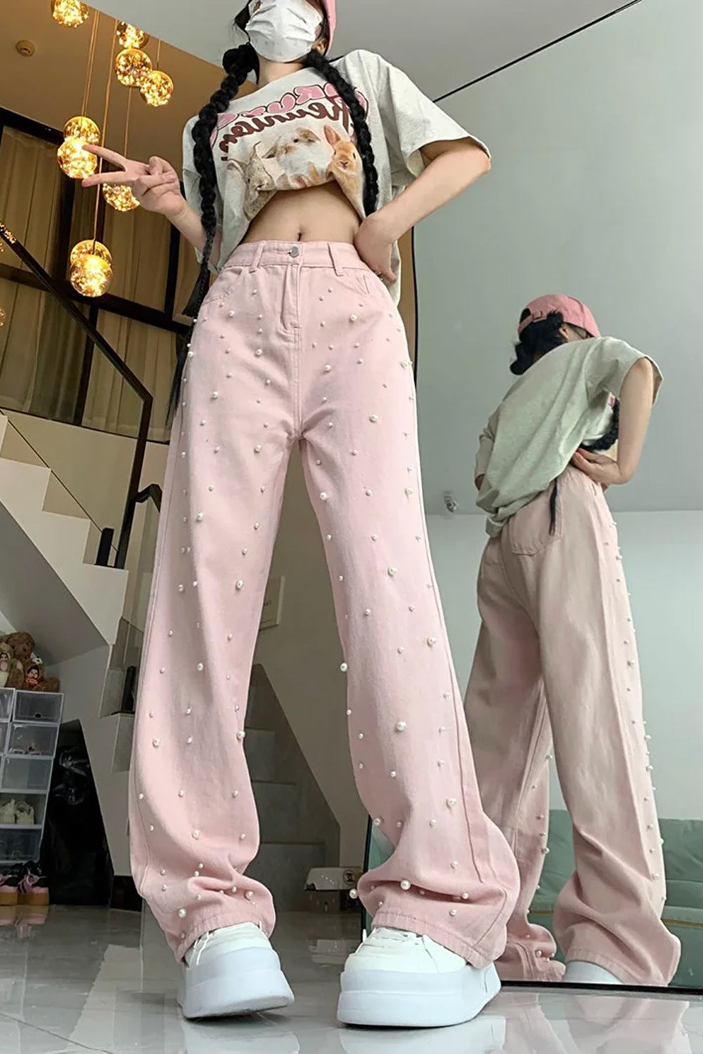 High Waist Cute Pearls Beaded Pink Jeans Pants
