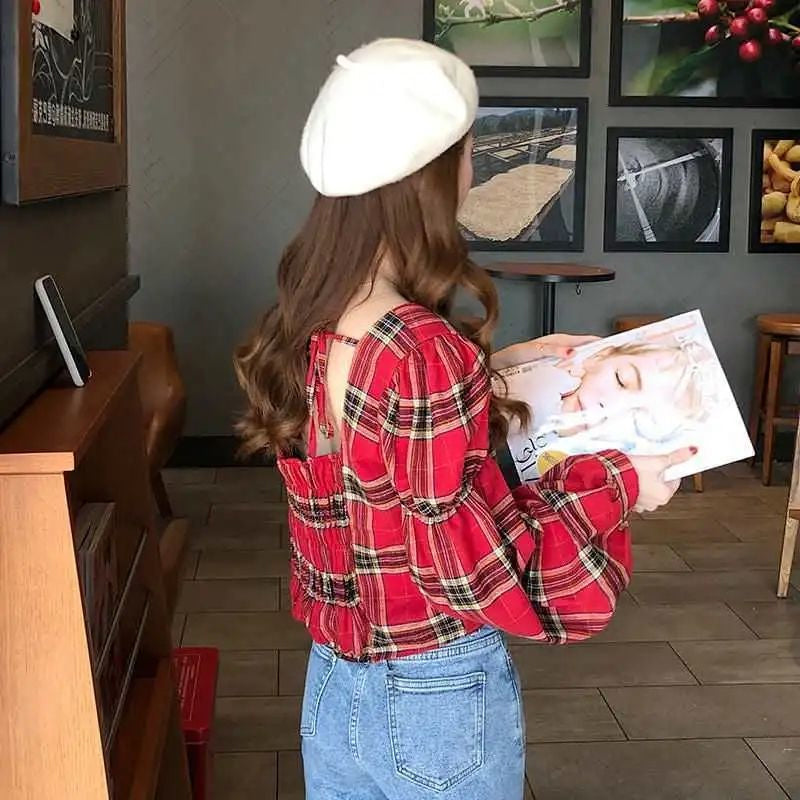 Plaid Backless Lace Up Lantern Sleeve Shirt