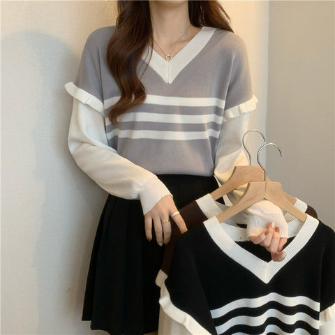 Long Sleeve V-Neck Striped Ruffle Sweater