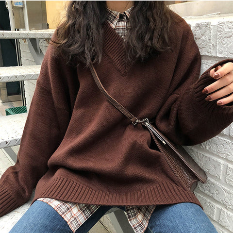 Loose V-Neck Knitted Warm Sweater