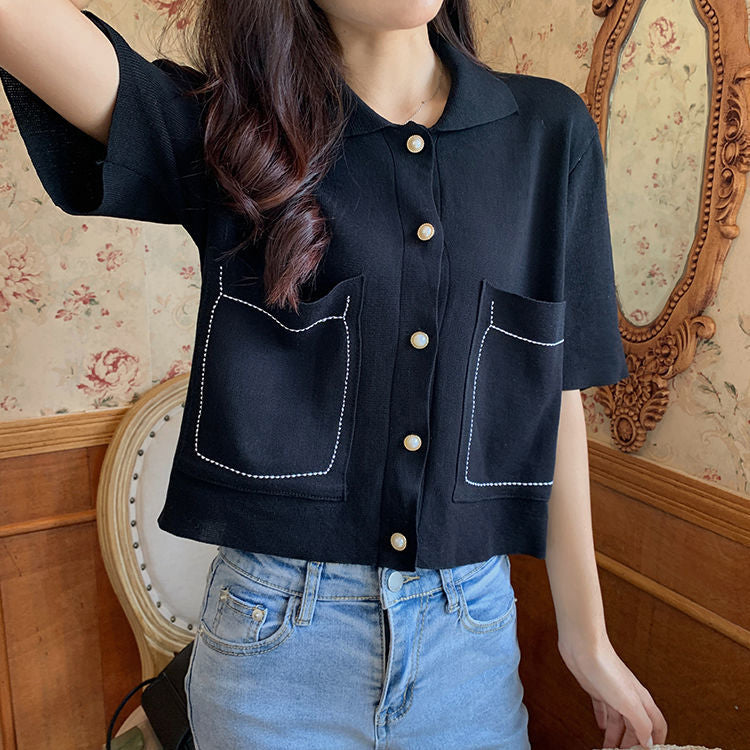 Short Sleeve Double Pockets Knitted Shirts