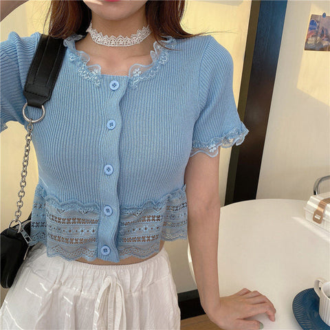 Sweet Ruffle Lace Cropped Slim Shirt
