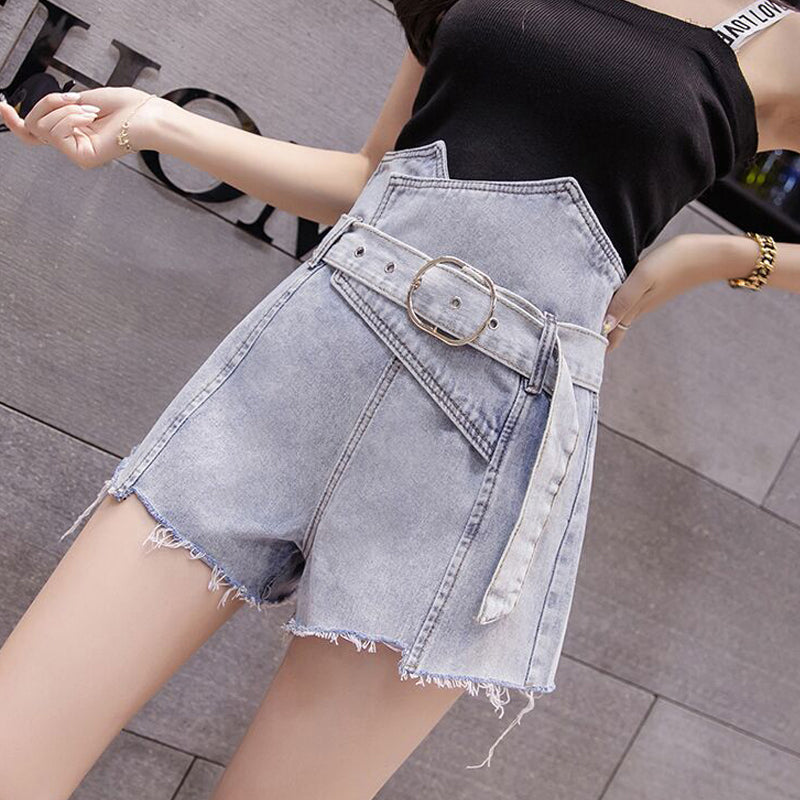 Belted Sexy Irregular Denim Shorts Jeans