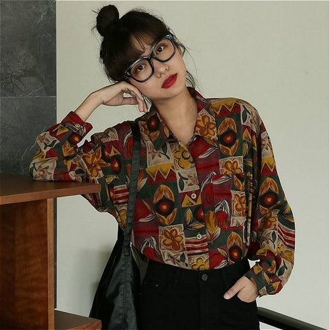 Blusa de manga larga con flores retro 