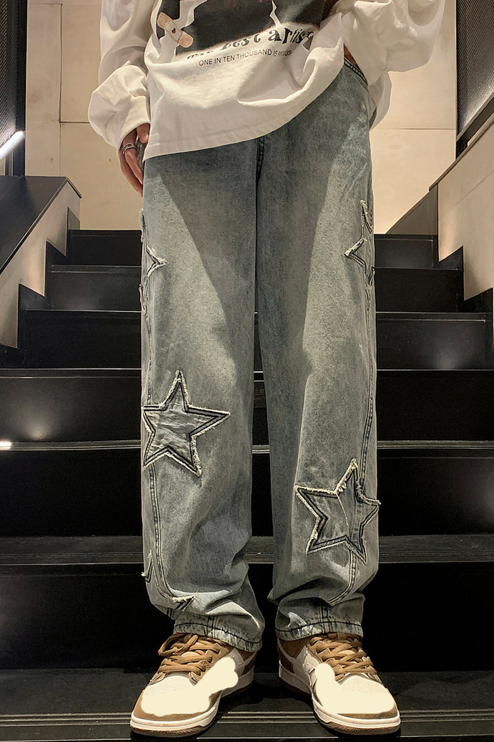 High Waist Stars Embroidered Loose Jeans Pants