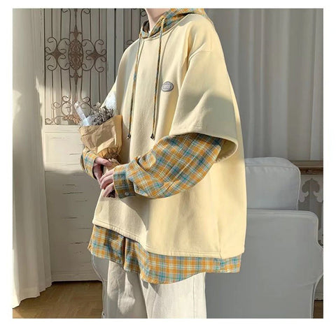 Loose Hooded Hip Hop Sleeve Plaid Hoodie