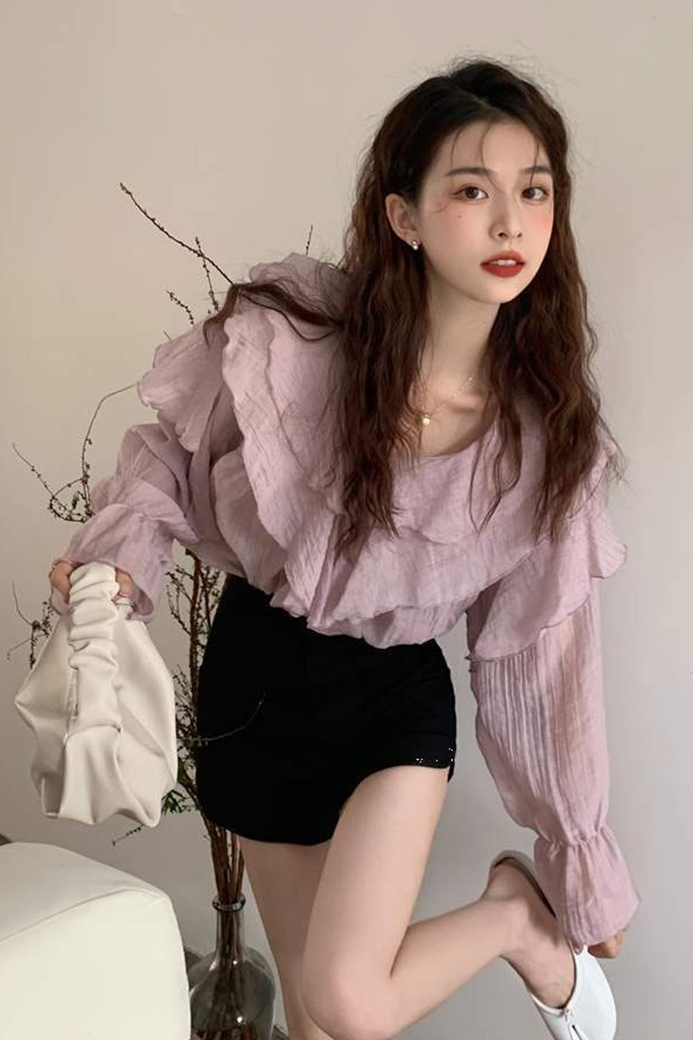 Elegantes Chiffon-Bluse-Shirt mit langen Ärmeln und Rüschen 