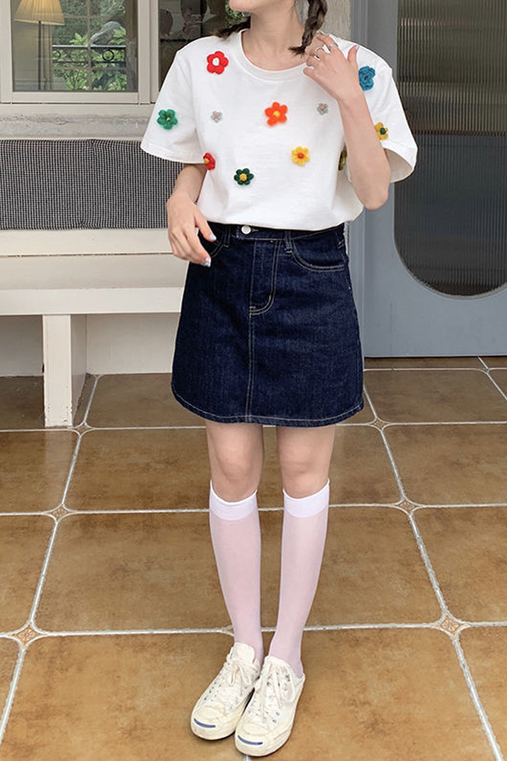 Short Sleeve 3D Flowers Pattern Embroidered Shirt