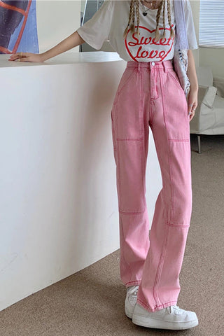 High Waist Long Pink Casual Jeans Pants